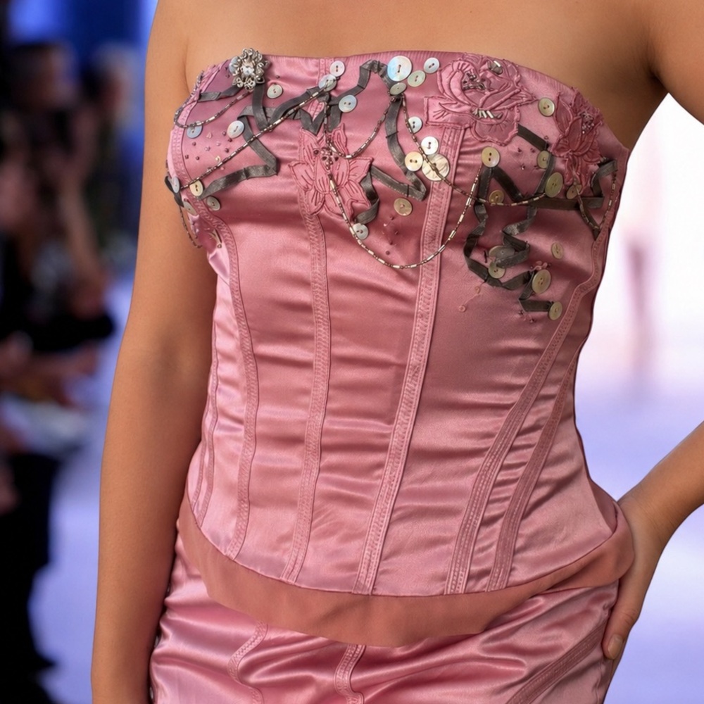 Vintage Sue Wong Y2K Pink Satin Embellished Corset Dress Faux 2 Piece - Picture 2 of 8